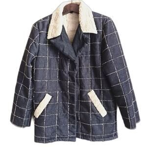 Private Bomber Jacket Mens Large Blue Chambray Cream Fleece Coat Quilted Granola